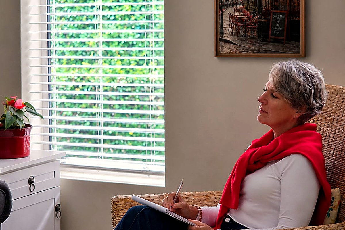 Sorea taking notes in a wicker chair during a one-to-one coaching session, a Paris caf&eacute; print on the wall