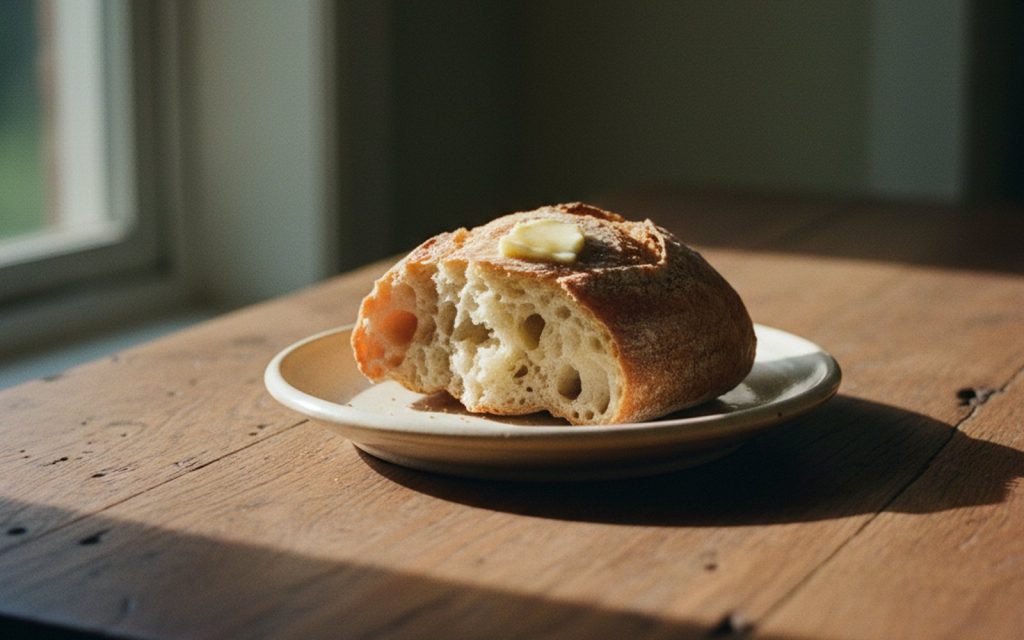 A torn piece of fresh rustic bread with butter on a plate in soft window light